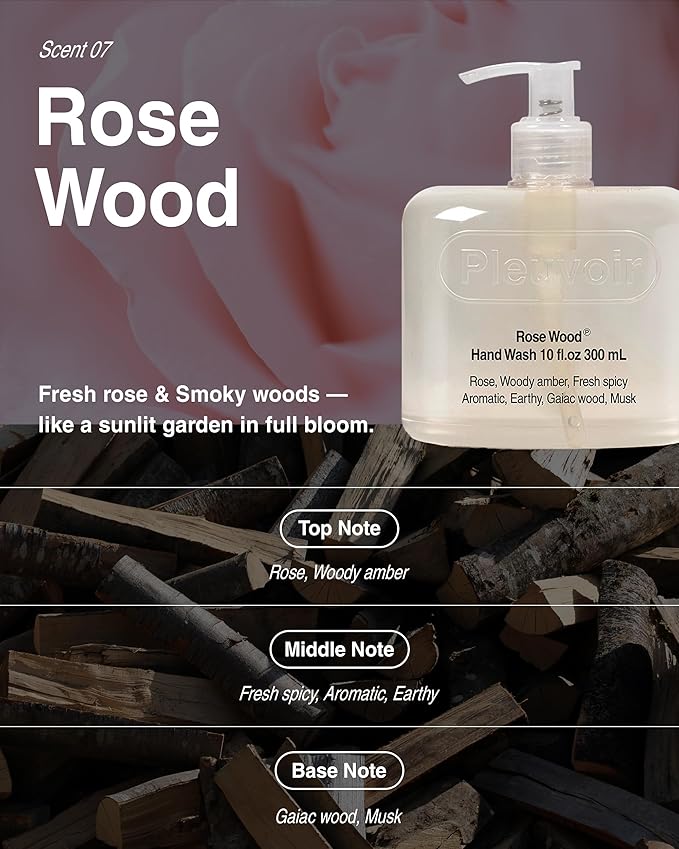 Pleuvoir Hand Wash Rose Wood - Hydrating Liquid Hand Soap - Fresh Blooming Rose Smoky Woody Scent - Moisturizing with Hyaluronic Acid, Ceramides - Vegan, K-Beauty 10 fl.oz