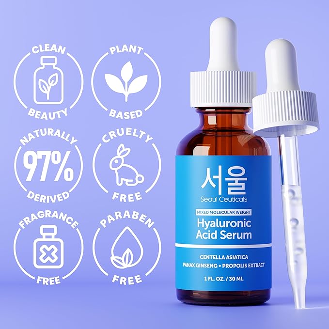 SeoulCeuticals Korean Hyaluronic Acid Serum For Face - High Molecular Weight & Low Molecular Weight Hyaluronic Acid - Centella Serum + Propolis. 1oz