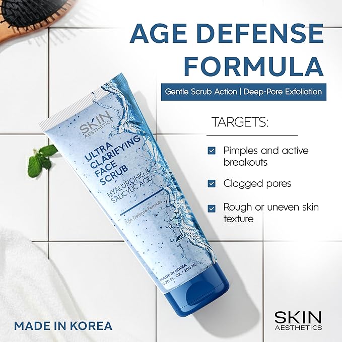 Face Scrub with Hyaluronic & Salicylic Acid – Deep Cleansing, Hydrating & Exfoliating Face Wash For Blackheads & Acne-Prone Skin – Dermatologist Tested, Korean Skin Care – 6.76 Fl Oz