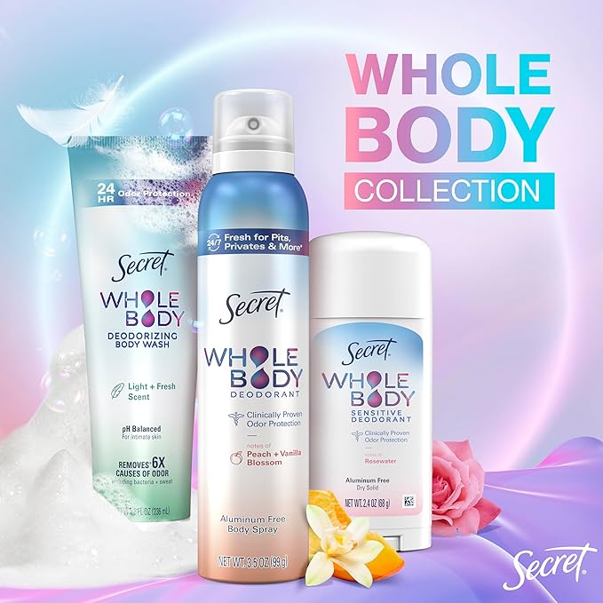 Secret Feminine Wash, 24 HR Deodorizing Feminine Body Wash for Women, Removes 6x Causes of Odor, PH Balanced, Safe to Use Everywhere, Peach & Vanilla Blossom Scent, 8.0 oz, (Pack of 2)