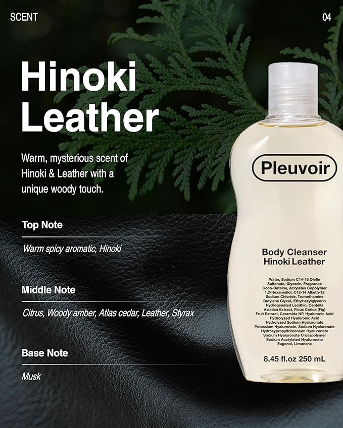 Pleuvoir Hinoki Leather Perfume Body Wash - French MANE × Japanese Cypress (Cedar & Musk), Unisex Woody Shower Gel, Rich Moisturizing Foam with 8 Types Hyaluronic Acid Ceramides, 8.45 fl.oz