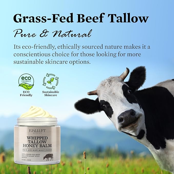 Beef Tallow and Honey Balm Moisturiser, Whipped Grass Fed with Raw Honey and Olive Oil, Anti-Aging Facial Cream, Unscented, 3 Ounce (small)