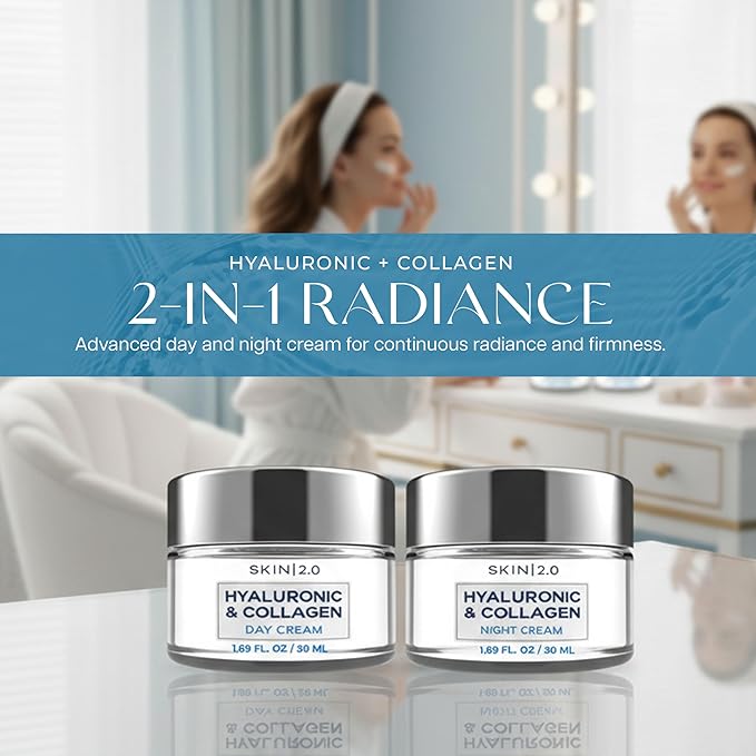 Hyaluronic Acid & Collagen Face Moisturizer – Deep Hydration & Firming Cream for Smooth, Youthful Look – Dermatologist Tested, Korean Skin Care Set, Vegan, Clean Beauty – Day & Night Duo