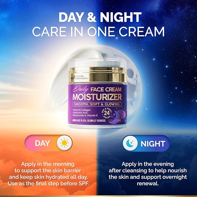 Face Moisturizer - Day & Night Face Cream - Collagen | Retinol | Hyaluronic Acid | Ceramides - Smooth, Soft & Glowing Skin - DD Cream for Women & Men - Dermatologically Tested - Made in USA 1.7 FL OZ
