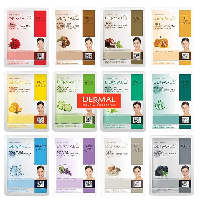 DERMAL 12 Combo Pack Collagen Essence Korean Face Mask Best Value Set - Hydrating & Soothing Facial Mask with Panthenol - Hypoallergenic Sheet Mask for All Skin Types - Natural Home Spa Treatment Mask