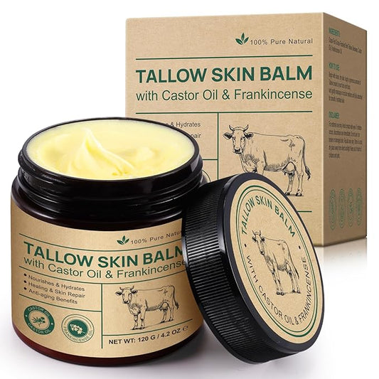 100% Grass-Fed Tallow, Organic Castor & Frankincense Oil Face Balm - Age-Defying Moisturizer for Sensitive & Dry Skin, Repairs Skin Barrier, Handmade for Face & Body, 4.2oz