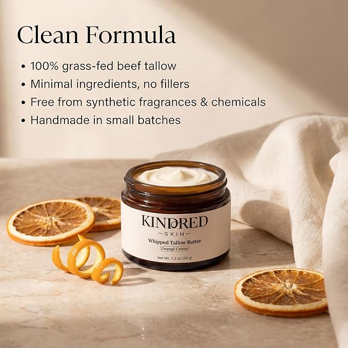 Kindred Skin Whipped Tallow Body Butter – Made with Grass-Fed Beef Tallow – Hydrating Face & Body Moisturizer for Dry, Sensitive Skin – Clean, Non-Greasy Skincare – Orangé Crème, 1.2 oz