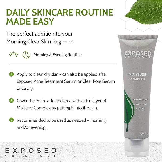 Exposed Skin Care, Moisture Complex Oil-Free Daily Face Moisturizer For Women and Men – Non-Comedogenic Lightweight Hydrating Gel with Green Tea, Pumpkin Seed and Caffeine for Oily, Acne-Prone Skin