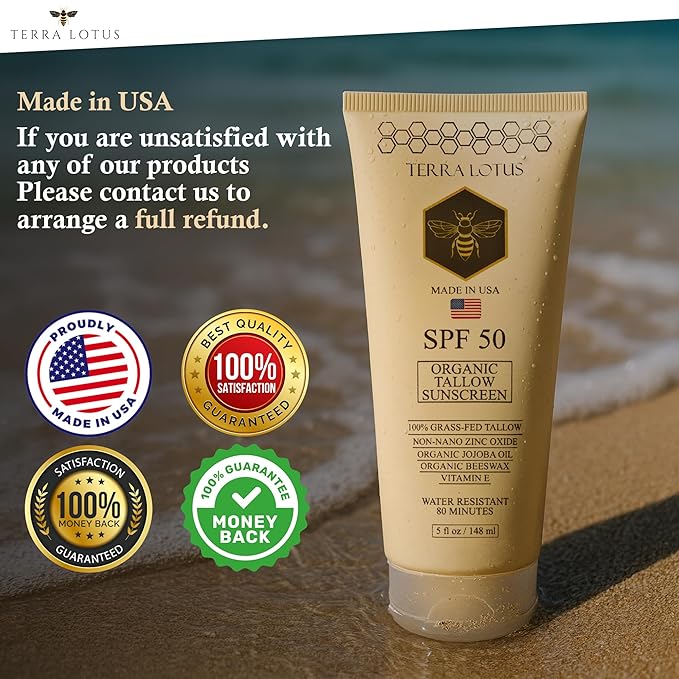 Organic Tallow Sunscreen - 50 SPF - For Face and Body - With 100% Grass-Fed Tallow and Non-Nano Zinc Oxide Reef Safe - (5 Oz)