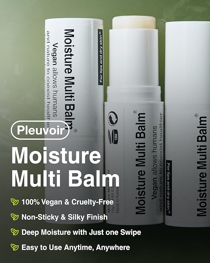 Pleuvoir Korean Moisture Multi Balm Fragrance-Free - Lip and Dry Area Care with Sunflower Seed Oil Shea Butter Alpha-Bisabolol Adenosine - Vegan Plant-Based K-Beauty 0.35oz