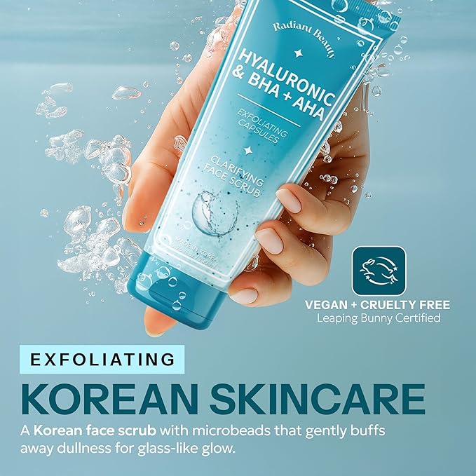 Exfoliating Face Scrub with Hyaluronic Acid & BHA + AHA - Dermatologist Tested, Anti Aging Korean Skin Care - Deeply Cleanses Pores & Smooths Texture - Vegan Clean Beauty - 6.76 Fl Oz