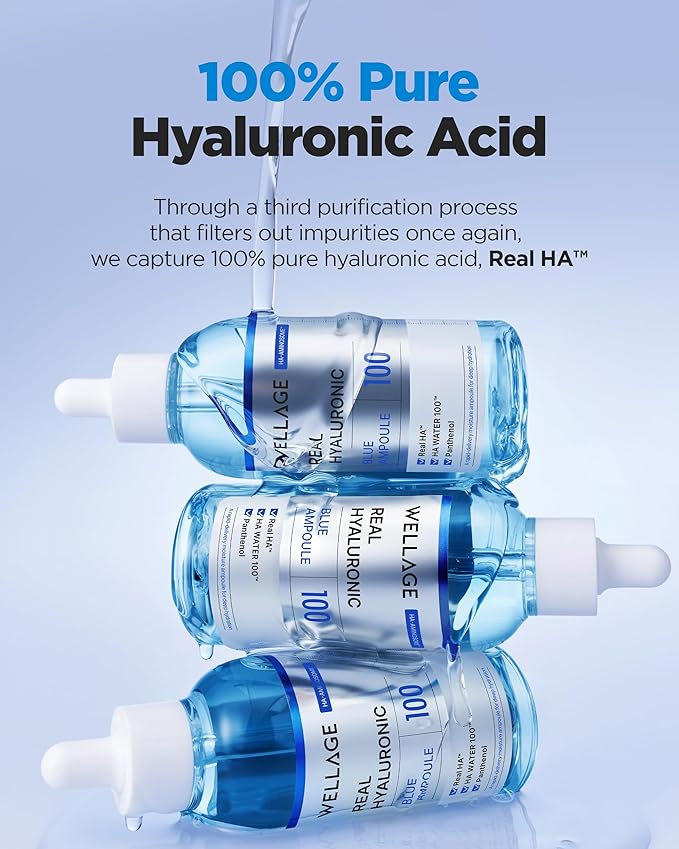 WELLAGE Real Hyaluronic Blue Ampoule 100, Korean Hydrating Serum for Face, Fragrance Free Hyaluronic Acid Deep Moisturizing Serum with Panthenol, PDRN for Sensitive Dry Skin Moisturizer, 2.54 Fl Oz_R
