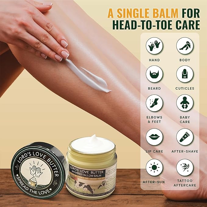 Lord's Love Butter Natural Organic Tallow and Honey Balm That Actually Absorbs - Organic Grass Fed Beef Tallow Face Moisturizer for Dry Aging Skin - Restores What Synthetic Lotions Strip Away