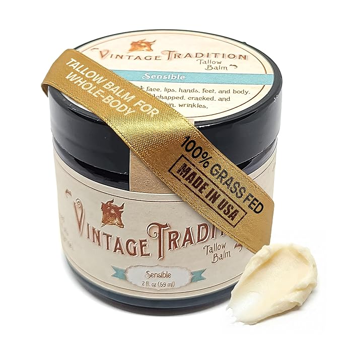 Vintage Tradition Beef Tallow All Purpose Balm - Healing, Hydrating Luxurious Skin Care Salve Replaces Body Lotion, Hand Cream, More - Essential Oil, Olive Oil, and Grass-Fed Tallow, 2 fl. oz.