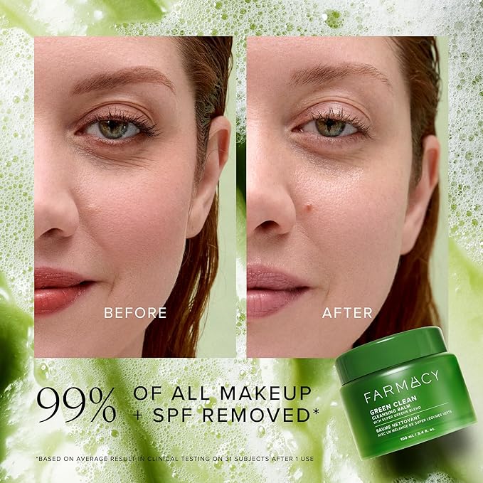 Farmacy Makeup Remover Cleansing Balm - Green Clean Waterproof Makeup Remover Balm + Oil Cleanser for Face - Gently Melts Make Up + SPF - Hydrates + Softens Skin with Super Greens + Papaya (200ml)