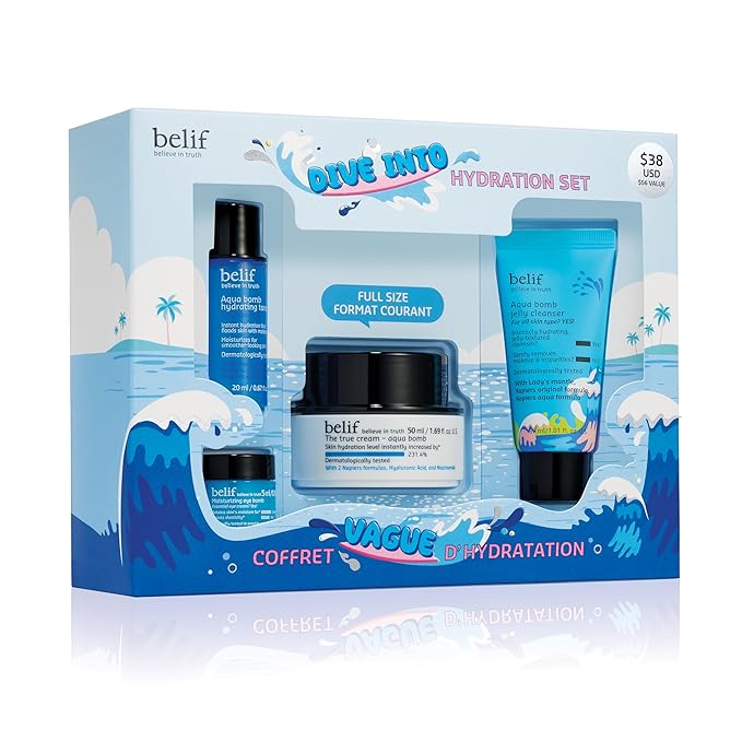 belif Aqua Bomb Dive Into Hydration Set | Korean Skin Care | Travel Essentials | Stocking Stuffer | Value Set | Gift Set for Mom | Gift for Her | Aqua Bomb, Cleansing Gel, Hydrating Toner,Eye Bomb