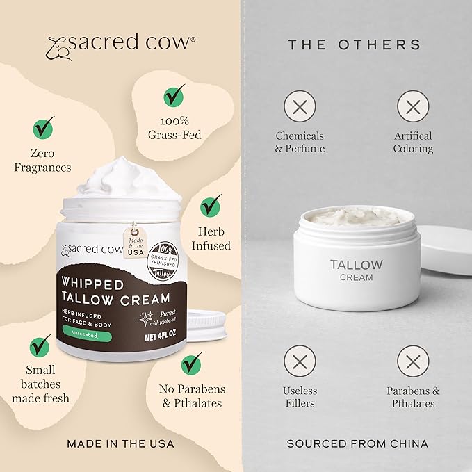 SACRED COW 100% Pure Organic Grass Fed Beef Tallow for Skin Care, Face Moisturizer, Body Butter, Hand Cream - Natural Whipped Tallow & Honey Balm Lotion Cream - Made in the USA - 4oz (UNSCENTED)