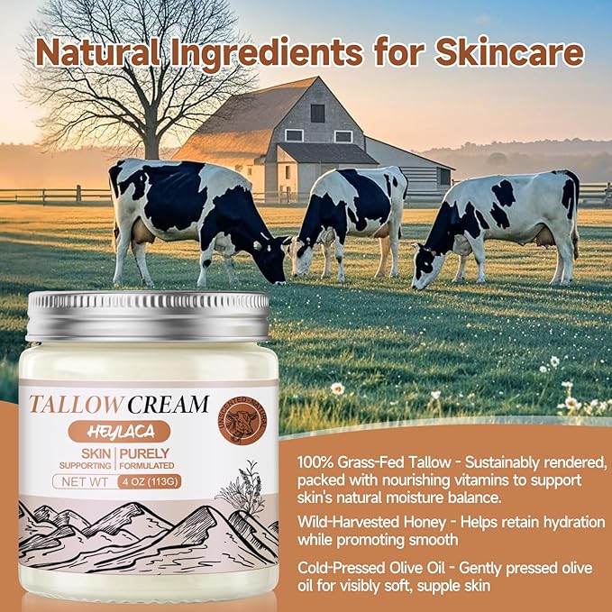 Organic Grass Fed Beef Tallow for Skin - Whipped Moisturizer for Skin + Face - Natural Body Lotion Cream Infused with Manuka Honey Beeswax Olive Oil(4 oz Unsented)