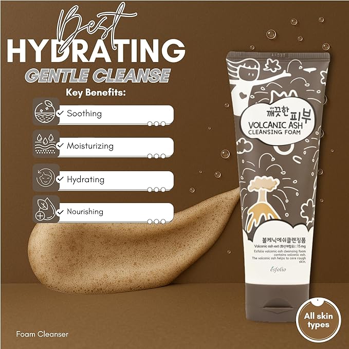 esfolio Volcanic Ash Cleansing Foam – Deep Pore Cleanser for Oily & Acne-Prone Skin – Hydrating Facial Wash with & Natural Ingredients – Gentle Foaming Cleanser for Sensitive Skin (5.29oz -150g)