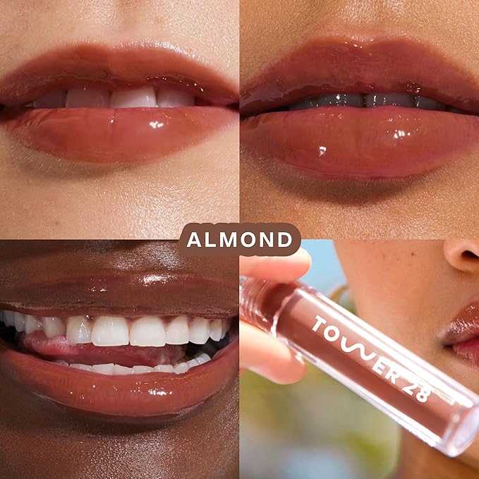 Tower 28 ShineOn Lip Gloss Jelly - Hydrating Tinted Lip Balm + Milky Gloss for Sensitive Lips - Non-Sticky + High-Shine Jelly Formula with Nourishing Oil Blend - Almond - Chocolate (0.13)