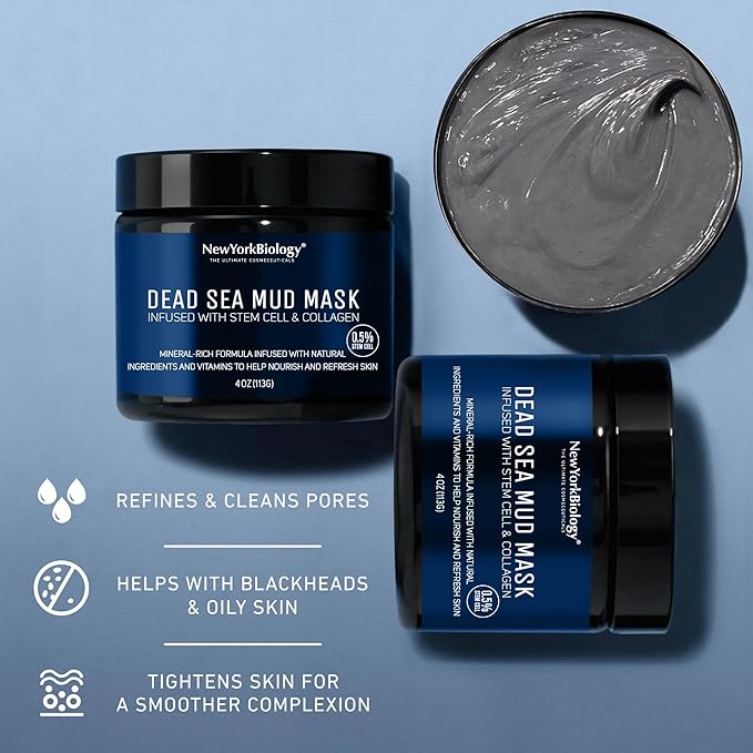 New York Biology Dead Sea Mud Mask for Face, Body | with Stem Cell and Collagen | Spa Quality Pore Refiner for Oily Skin | Natural Skincare for Women, Men | Tighten Skin | 4 oz (Pack of 2)