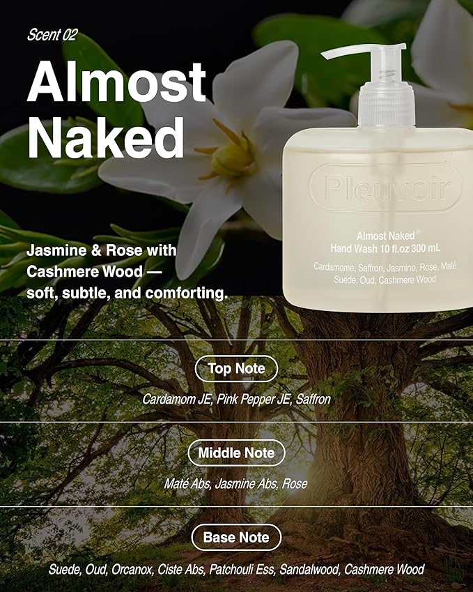 Pleuvoir Almost Naked Luxury Hand Wash - Jasmine Rose Cashmere Wood Scent - Hydrating Liquid Hand Soap with Hyaluronic Acid & Ceramides - Vegan K-Beauty, 10 fl.oz