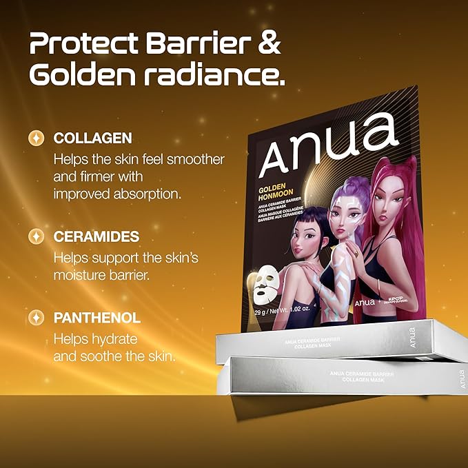 ANUA Ceramide Barrier Collagen Mask, Glow Up, Elasticity Hydrogel Face mask, Moisture Barrier Repair for Glass Skin, 24H Deep Hydration Lasting, KPop Demon Hunters, Korean Skincare (4ea)