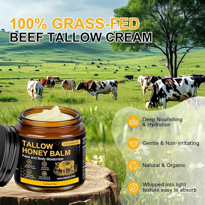 Organic Beef Tallow Honey Balm for Skin & Face, Whipped Beef Tallow Face Moisturizer with Raw Honey, Grass Fed Cow Beef Tallow Cream, All Natural Pure Body Lotion for Women & Men, Unscented 4.2 OZ