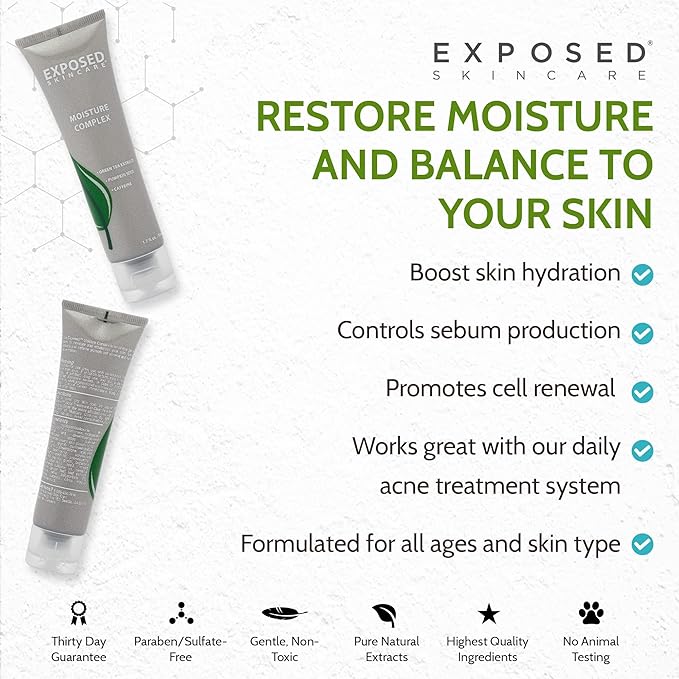 Exposed Skin Care, Moisture Complex Oil-Free Daily Face Moisturizer For Women and Men – Non-Comedogenic Lightweight Hydrating Gel with Green Tea, Pumpkin Seed and Caffeine for Oily, Acne-Prone Skin