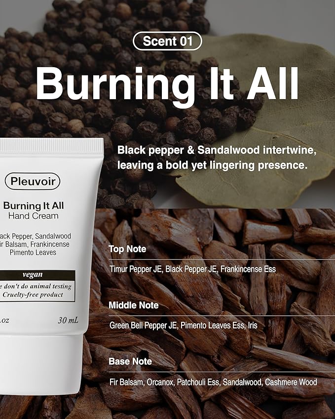 Pleuvoir Burning It All: Hand Cream & Hand Wash Set | Hydrating Korean Skincare | Black Pepper Sandalwood Scent | Vegan K-Beauty | 1oz + 10 fl.oz