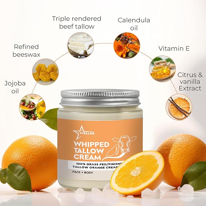 Beef Tallow Cream for Face & Body – 100% Grass-Fed Beef Tallow Skin Care Moisturizer | Whipped Tallow Face Moisturizer for Dry, Sensitive, Aging Skin | Natural Tallow Balm | 4 oz (Orange)