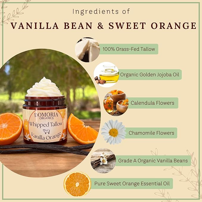 100% Grass-Fed Tallow Balm - (Value Size) Vanilla & Orange with Real Vanilla Beans, Herb-Infused Chamomile & Calendula Moisturizer for Men, Women, Psoriasis, Eczema, Dry Sensitive Skin