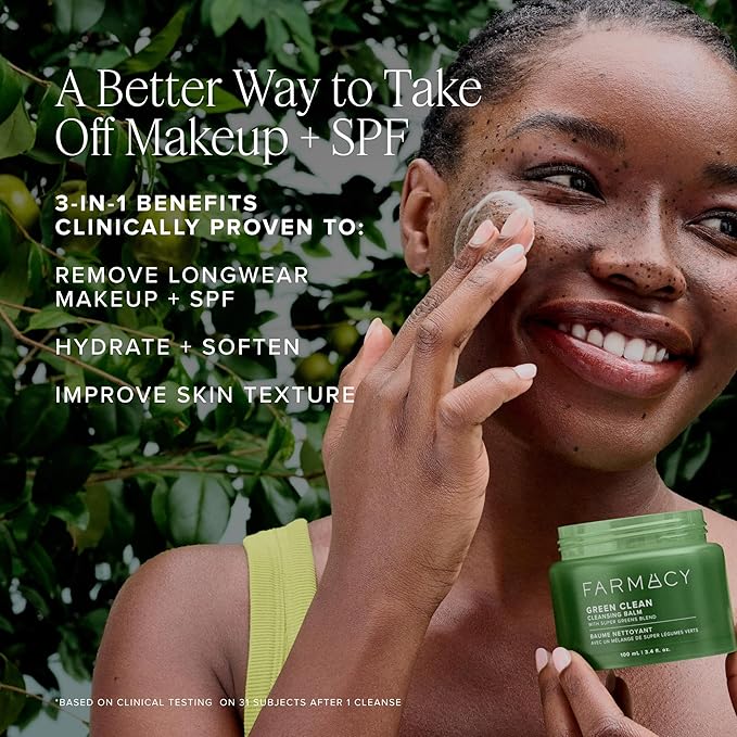 Farmacy Makeup Remover Cleansing Balm - Green Clean Waterproof Makeup Remover Balm + Oil Cleanser for Face - Gently Melts Make Up + SPF - Hydrates + Softens Skin with Super Greens + Papaya (100ml)