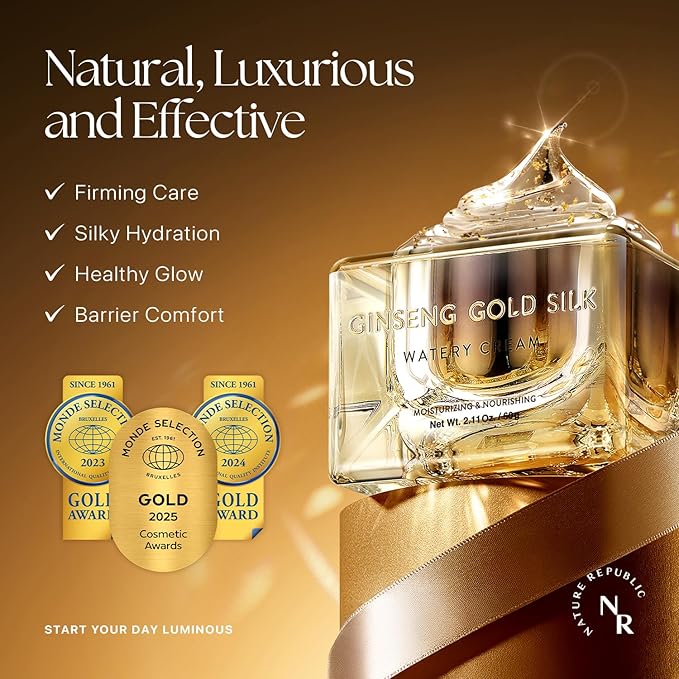 Nature Republic Ginseng Gold Silk Watery Cream 2.11 Oz(60g) | 6 Years Korean Ginseng, 99.9% Pure Gold Premium Skin Care, Anti-Aging Moisturizer, Wrinkle Care with Ginseng Saponins