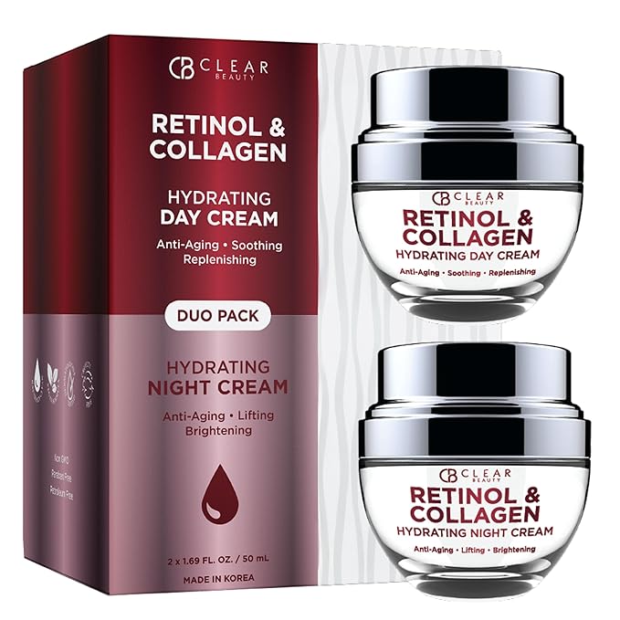Clear Beauty Retinol & Collagen Face Moisturizer – Anti Aging Day & Night Cream For Firming & Hydration – Reduces Fine Lines & Wrinkles – Dermatologist Tested, Korean Skin Care Set, Vegan – Duo Pack