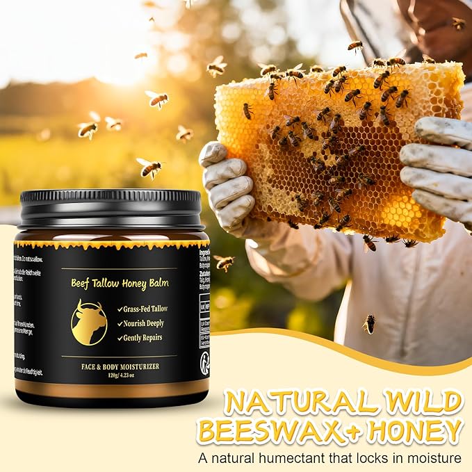 Beef Tallow for Skin, Tallow and Honey Balm for Face, Skin Care Cream Body Butter, Natural Formula, Nourish and Soothe Dry Skin, 120g/4.2oz