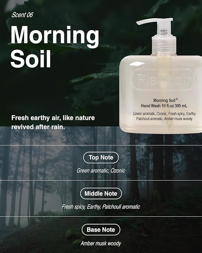 Pleuvoir Hand Wash Morning Soil (Petrichor) - Hydrating Liquid Hand Soap - Fresh Earthy Rain Ozonic Green Scent - Moisturizing with Hyaluronic Acid, Ceramides - Vegan, K-Beauty 10 fl.oz