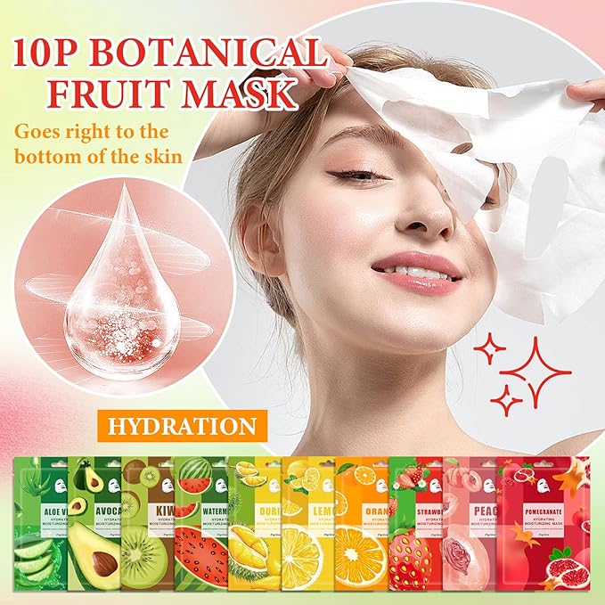 10 Pack Variety Facial Sheet Masks Skin Care Set, Hydrating Bulk Sheet Face Masks Skincare Gifts Set for Women Men, Long Lasting Moisturizing Face Mask Skincare for All Skin Type（A8