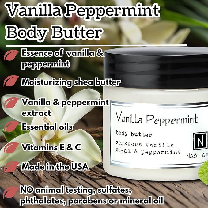 Nabila K Body Butter - Daily Moisturizer for Body Care - Skin Hydrating Deep Moisturizing - Natural Ingredients - Vanilla & Peppermint - 9 oz