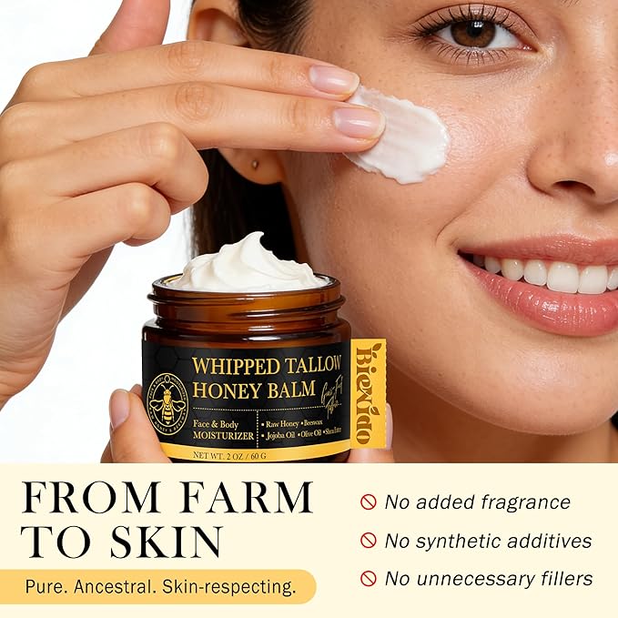 Organic Grass-Fed Tallow Balm for Face: Whipped Beef Tallow Cream with Raw Honey for Sensitive and Dry Skin, Natural Formula for Soothing & Deep Hydration