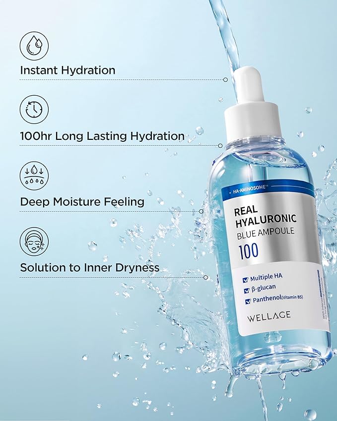 WELLAGE Real Hyaluronic Blue Ampoule 100, Korean Hydrating Serum for Face, Hyaluronic Acid Serum with Panthenol for Sensitive Skin, (3.38Fl.oz + 2.53Fl.oz)