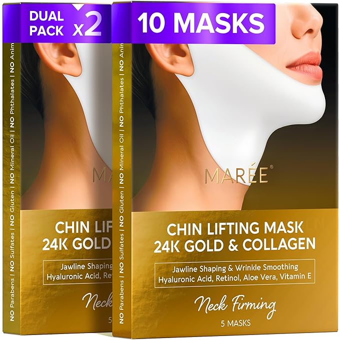MAREE V Line Lifting Mask with 24K Gold – Deep Collagen Face Mask for Women – Jawline Shaper Mask with Retinol & Hyaluronic Acid – Neck Tightening & Firming - Double Chin Strap for Face Lift - 2 pack