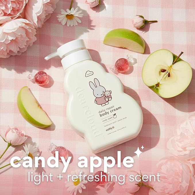 dearcloud Miffy Daily Repair Body Cream – Vitamin E & Hyaluronic acid - Korean Moisturizer & Body Lotion for Dry Skin - Candy Apple (16 fl oz)