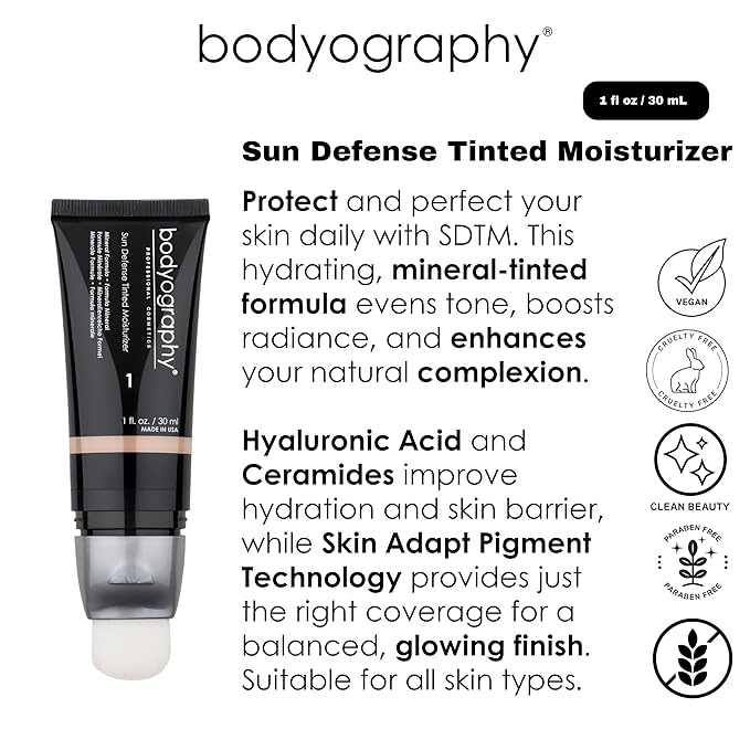 Bodyography Sun Defense Tinted Moisturizer, 1.5 oz | Lightweight SPF Tint with Hyaluronic Acid & Mineral Pigments | Hydrating, Vegan Sheer Coverage for All Skin Types, Deep