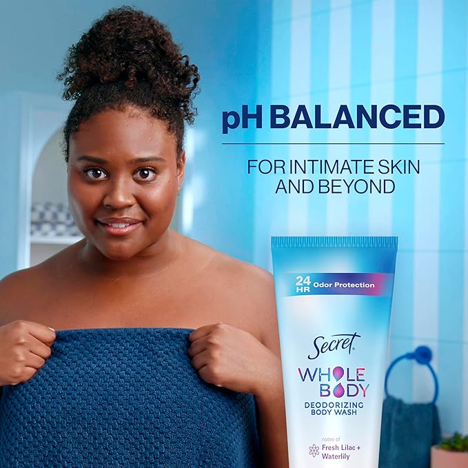 Secret Feminine Wash, 24 HR Deodorizing Feminine Body Wash for Women, Removes 6x Causes of Odor, PH Balanced, Safe to Use Everywhere, Lilac & Waterlily Scent, 8.0 oz