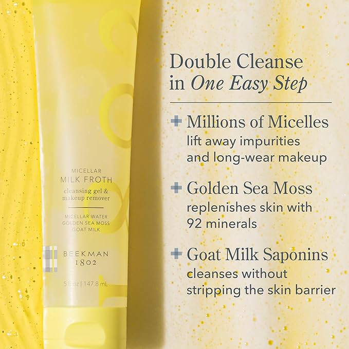 Beekman 1802 Micellar Milk Froth Face Wash – Hydrating Gel to Foam Facial Cleanser & Makeup Remover with Goat Milk & Golden Sea Moss, Gentle Foaming Face Wash for Sensitive Skin, 5 Fl Oz
