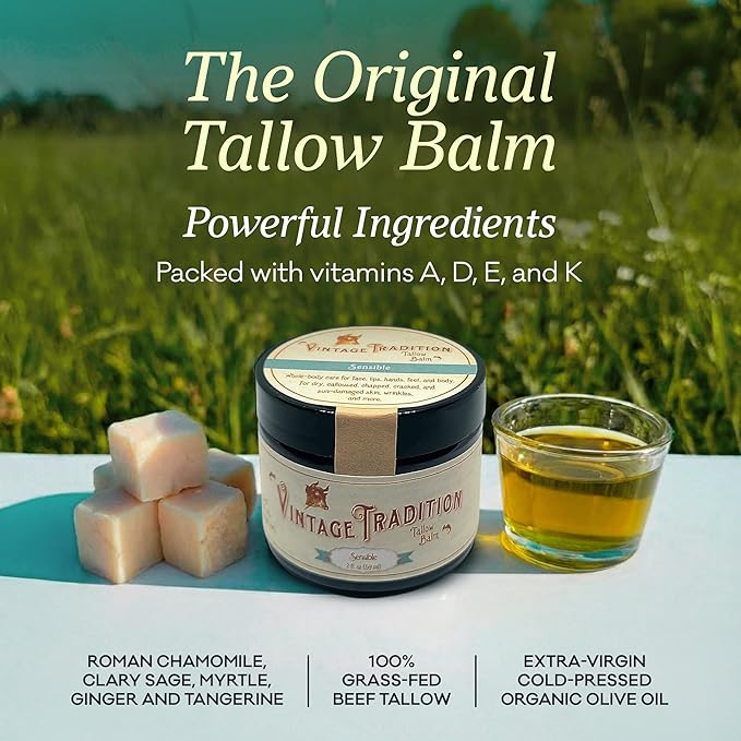 Vintage Tradition Beef Tallow All Purpose Balm - Healing, Hydrating Luxurious Skin Care Salve Replaces Body Lotion, Hand Cream, More - Essential Oil, Olive Oil, and Grass-Fed Tallow, 2 fl. oz.