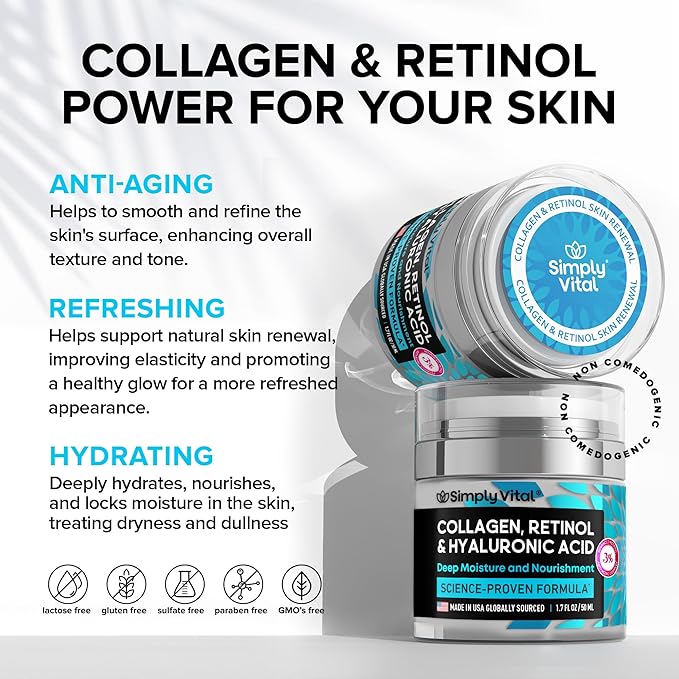 Anti-Aging Face Moisturizer with Retinol, Collagen & Hyaluronic Acid - Made in USA - Moisturizer Face Cream for Women & Men - Firming & Hydrating Neck Cream - Day & Night Skin Care - 2-Pack