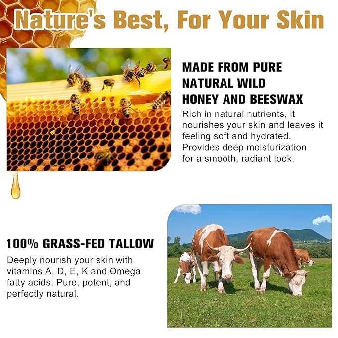 Eloix Tallow Honey Balm & Stick, All-Natural Moisturizer with Beef Tallow and Raw Honey for Face & Body, Handmade Formula for Dry, Sensitive Skin, Promotes Longevity, Firming & Hydration