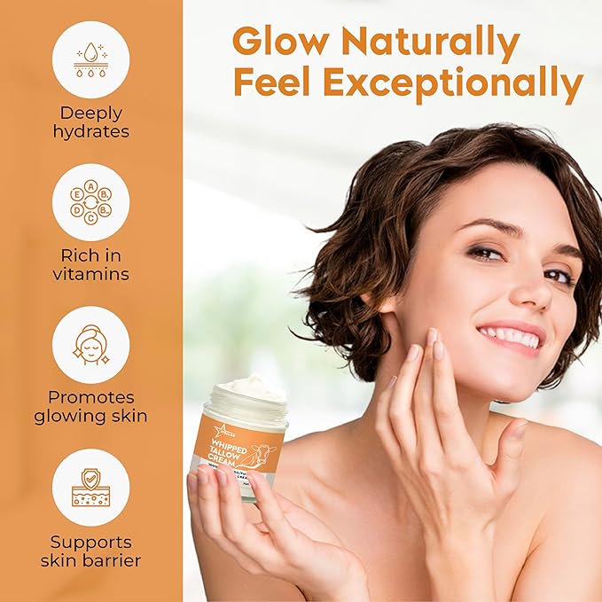 Beef Tallow Cream for Face & Body – 100% Grass-Fed Beef Tallow Skin Care Moisturizer | Whipped Tallow Face Moisturizer for Dry, Sensitive, Aging Skin | Natural Tallow Balm | 4 oz (Orange)